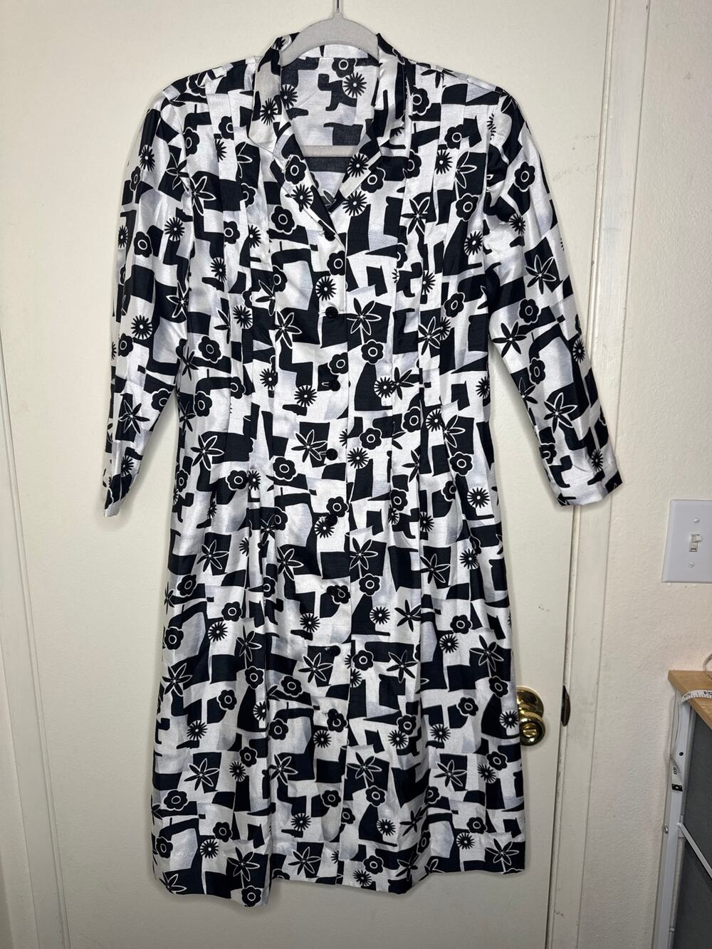 Handmade Mid-Century Coat Dress, 50s/60s vibe, black white abstract floral print